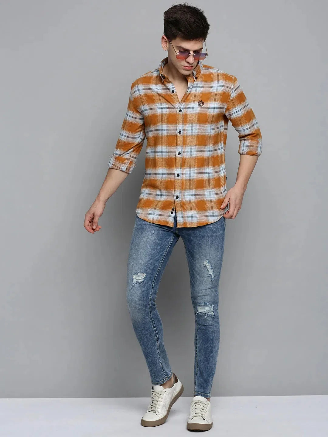 Orange Checked Mens Shirt | Cotton Casual Shirt DesiQlo