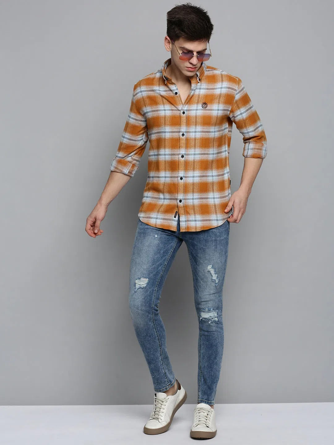Orange Checked Mens Shirt | Cotton Casual Shirt DesiQlo
