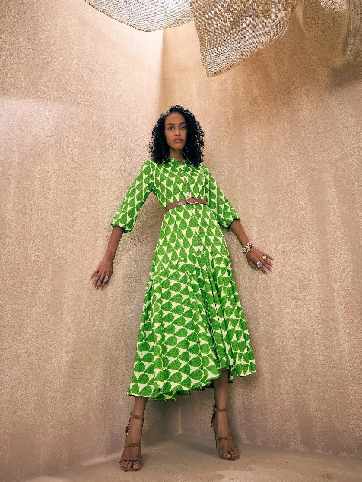 Green Leaf Print Midi Dress | Women's Button Front Lehenga Look