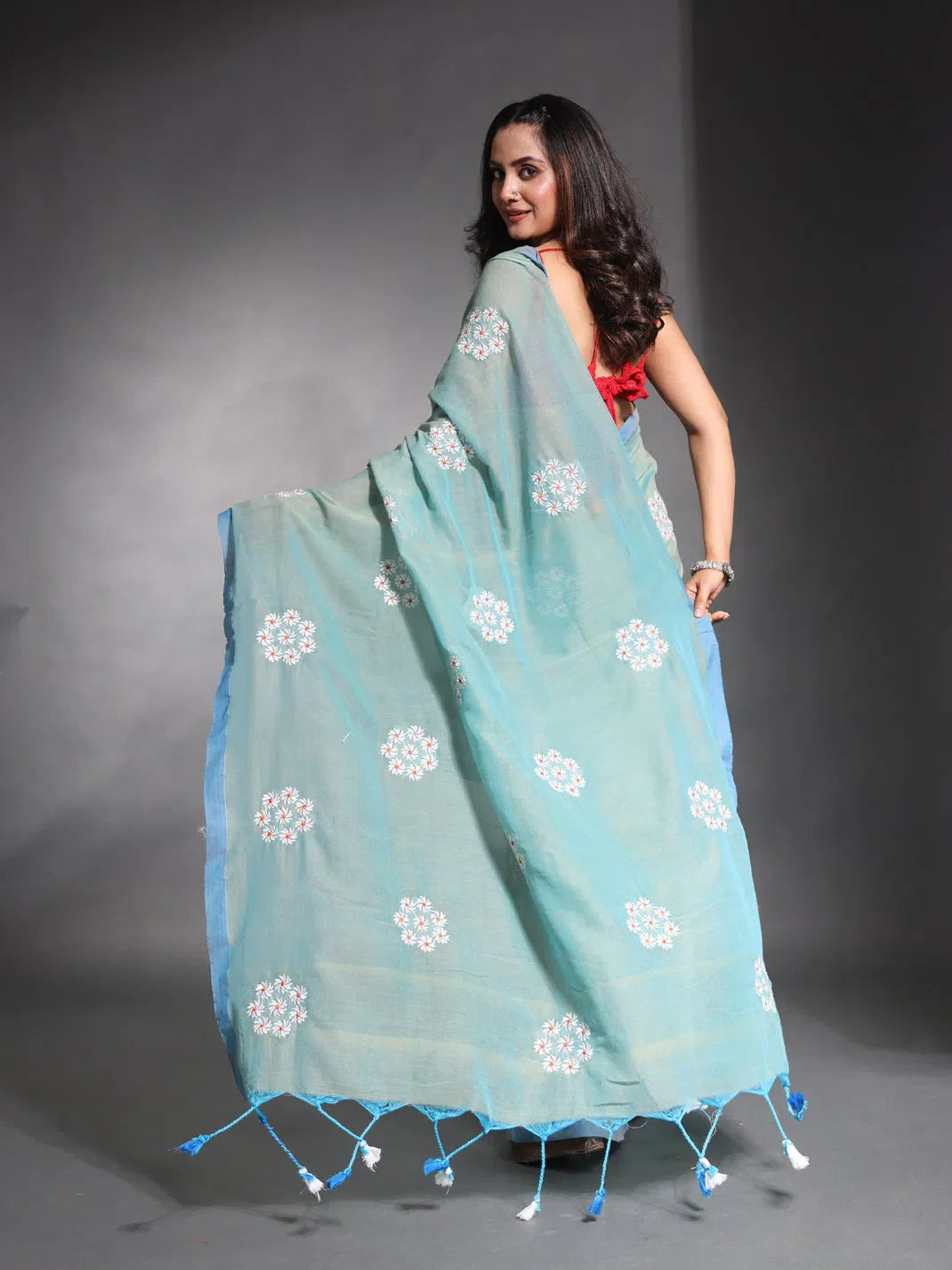 Sea Green Pure Cotton Soft Saree With Floral Embroidery Work-MA54CT33580087