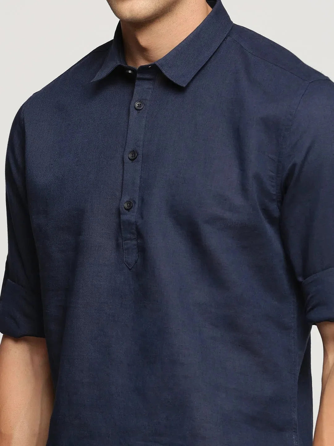 Navy Blue Short Kurta - Casual Linen Mens Kurta Pajama
