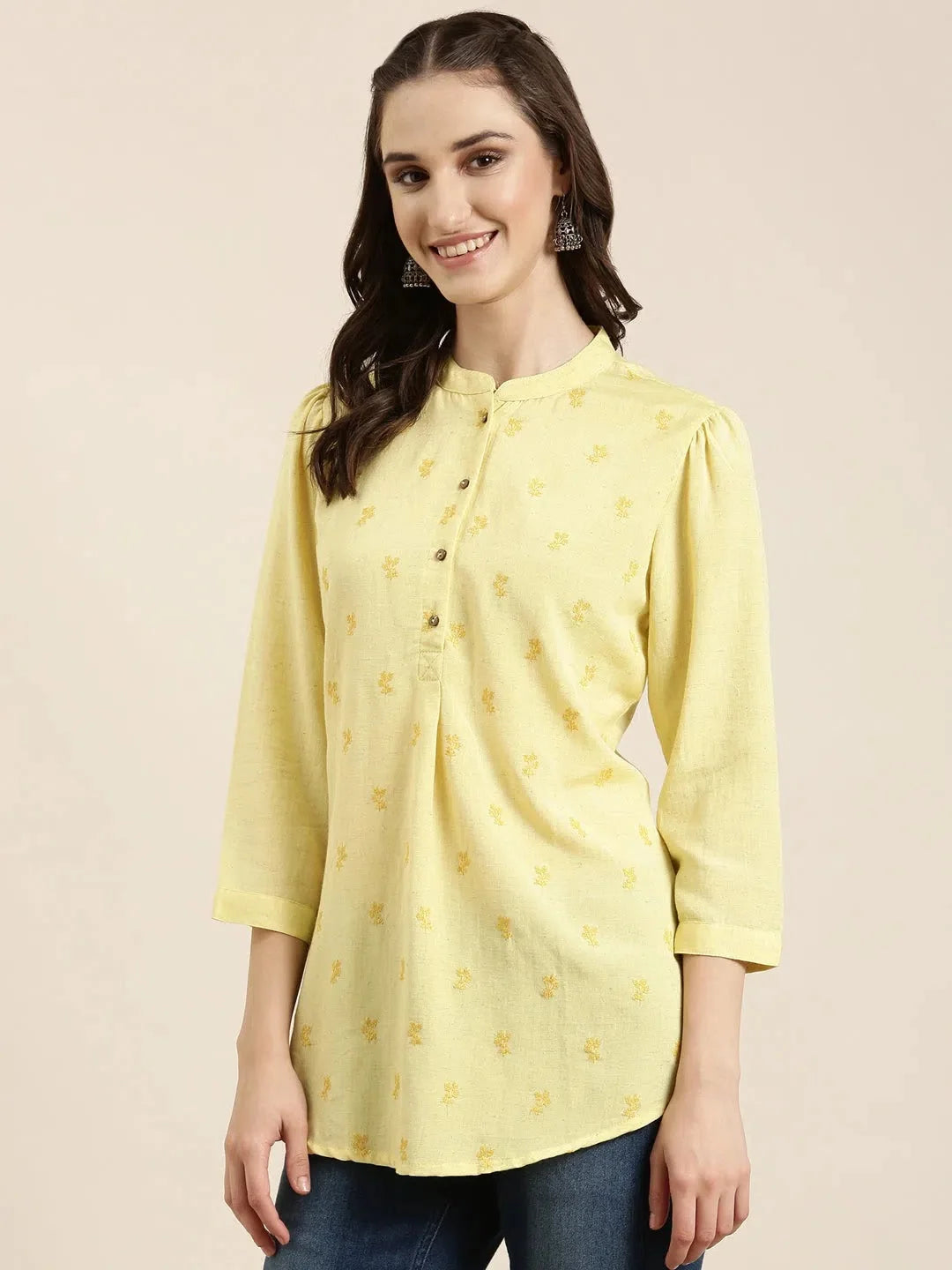Yellow Floral Kurti: Women's Indian Kurta Tunic Top