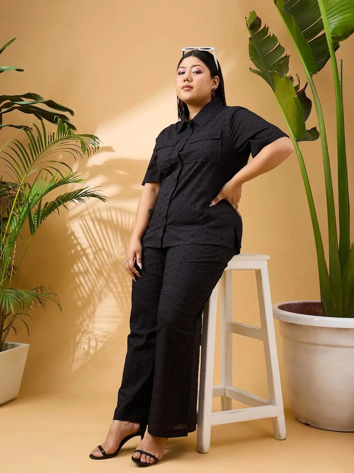 Women's Black Schiffli Cotton Co Ord Sets - Shirt & Pants