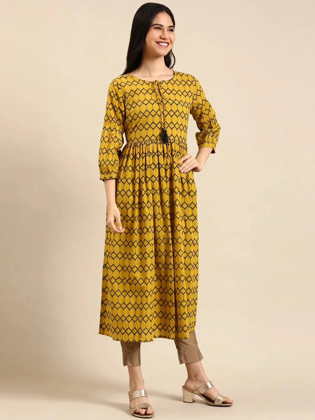 Mustard Printed Cotton A-Line Kurta | Indian Kurta for Women