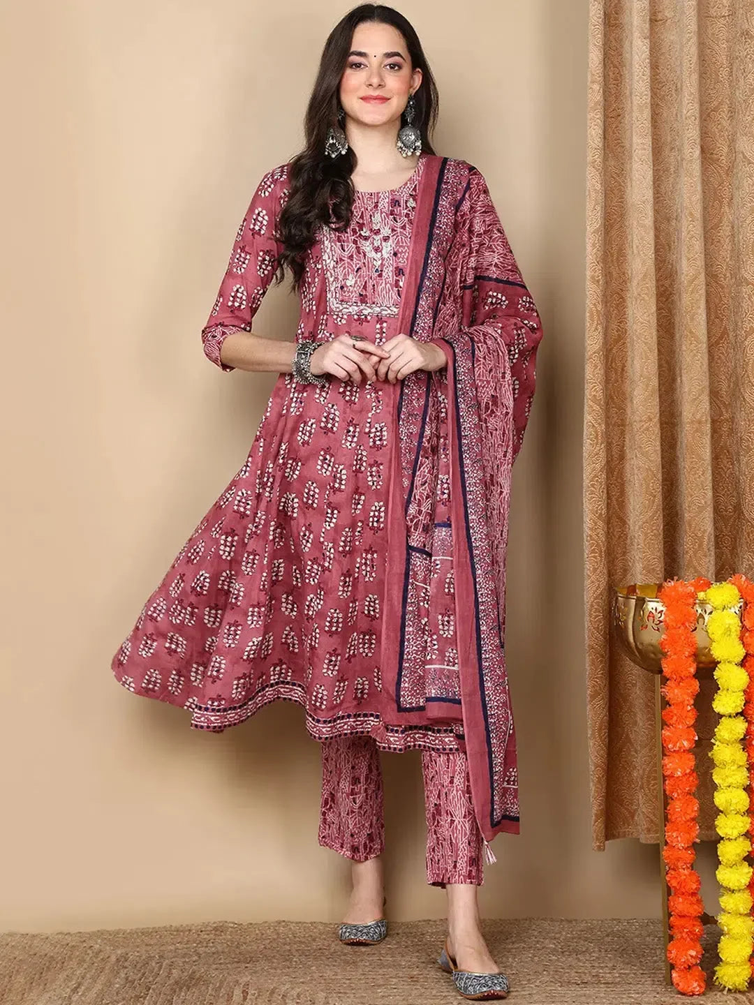 Pink Printed Cotton Anarkali Kurta Pant Set | Women's Kurta Sets
