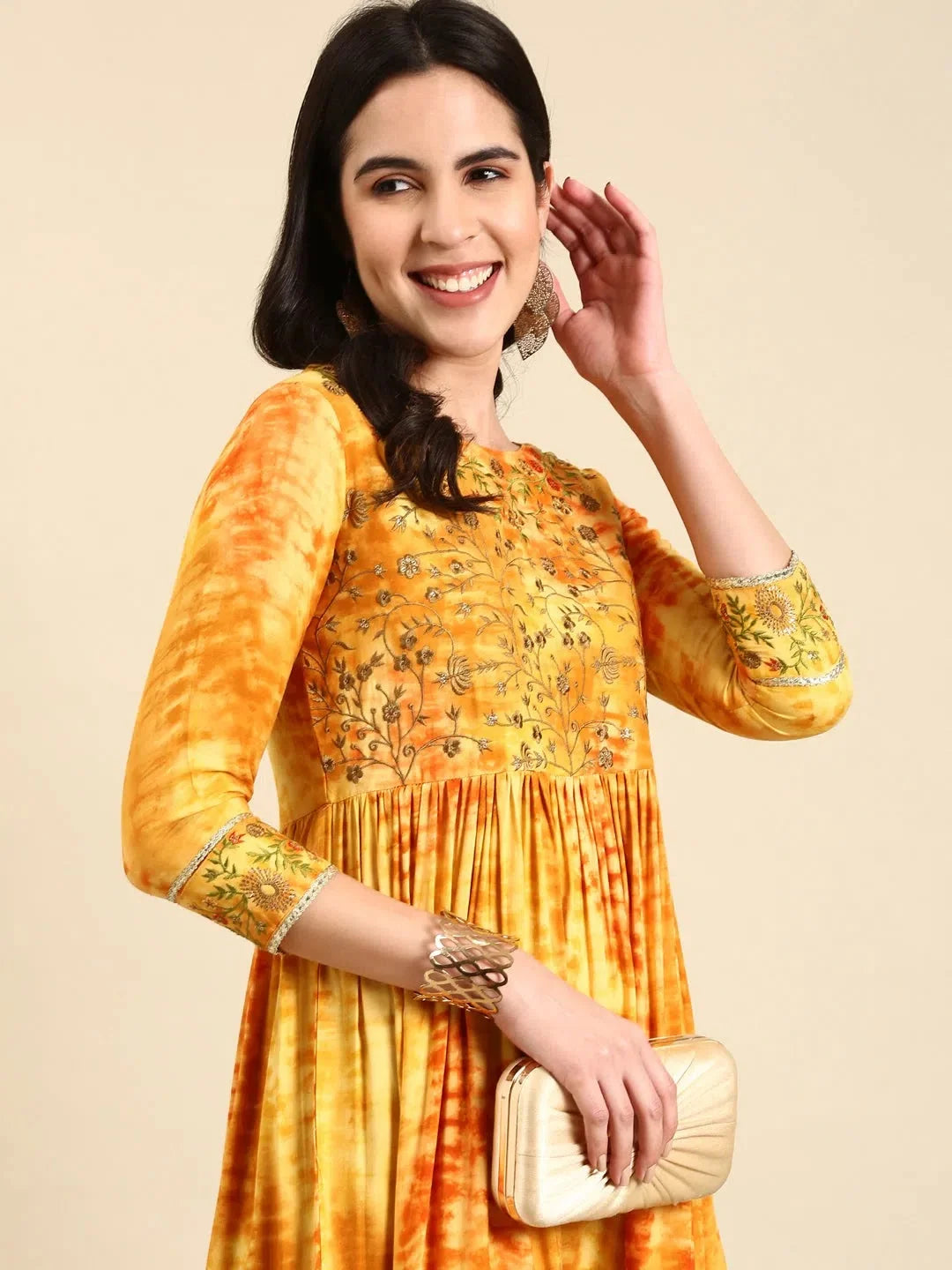 Mustard Tie Dye Anarkali Kurti - Indian Kurta Ladies for Women