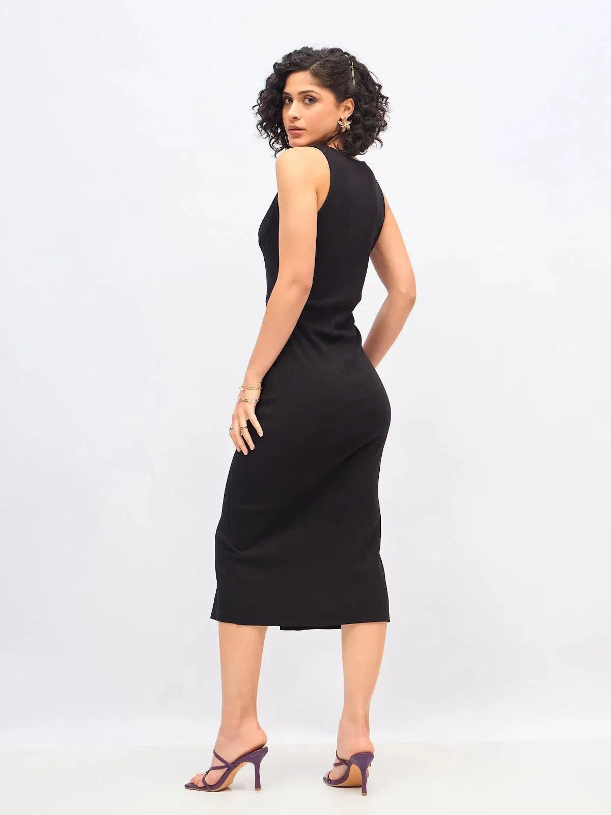 Black Rib Button Bodycon Midi Dress | Casual Cotton Dress