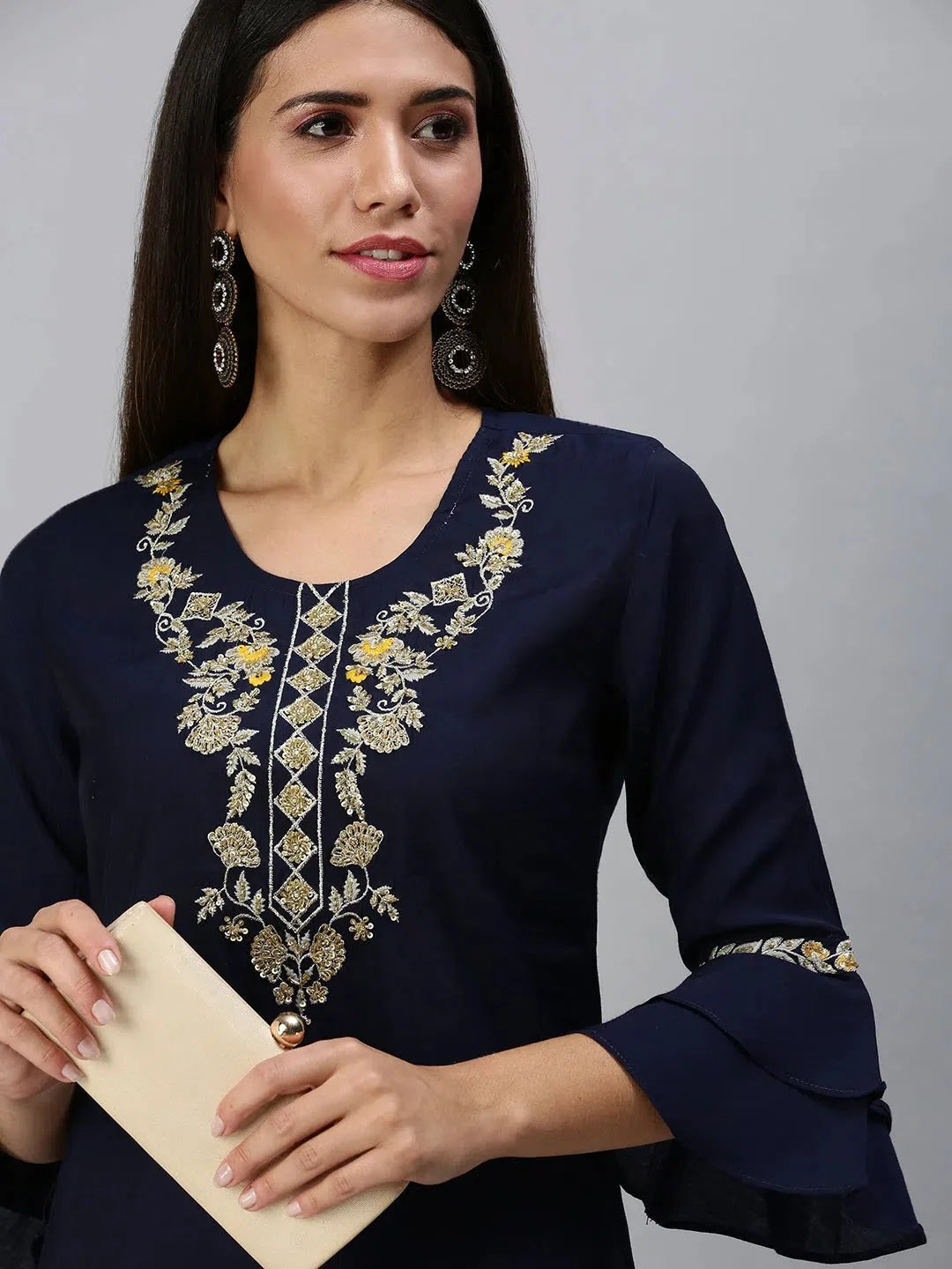Navy & Yellow Solid Women's Kurta Sets | Cotton Indian Kurta