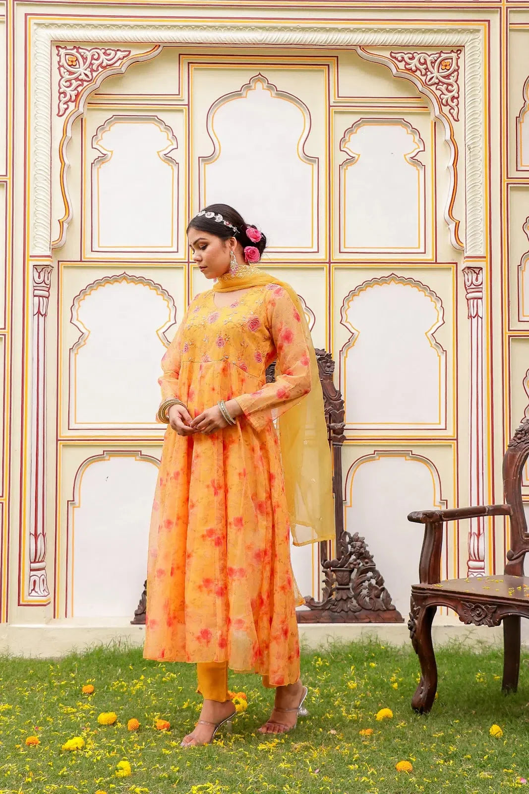 Women Yellow Organza Floral Embroidered Anarkali Kurta, Pant & Dupatta set