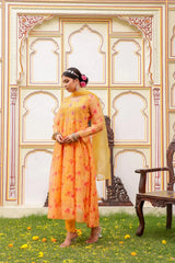 Women Yellow Organza Floral Embroidered Anarkali Kurta, Pant & Dupatta set