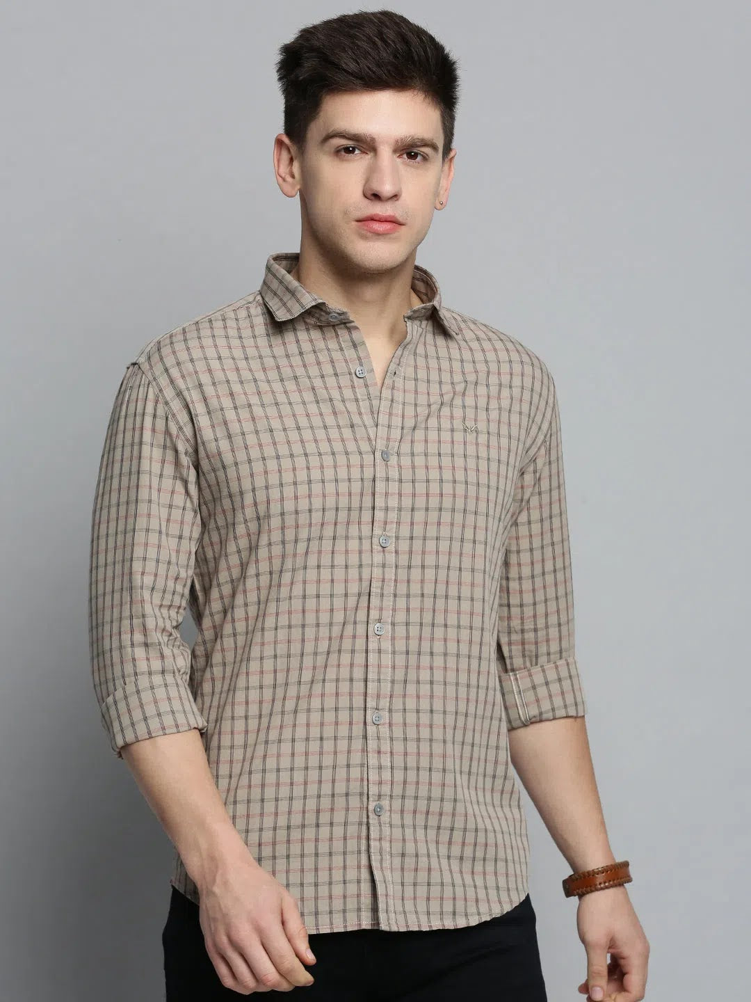 Beige Checked Cotton Mens Shirt - Stylish Casual Shirts