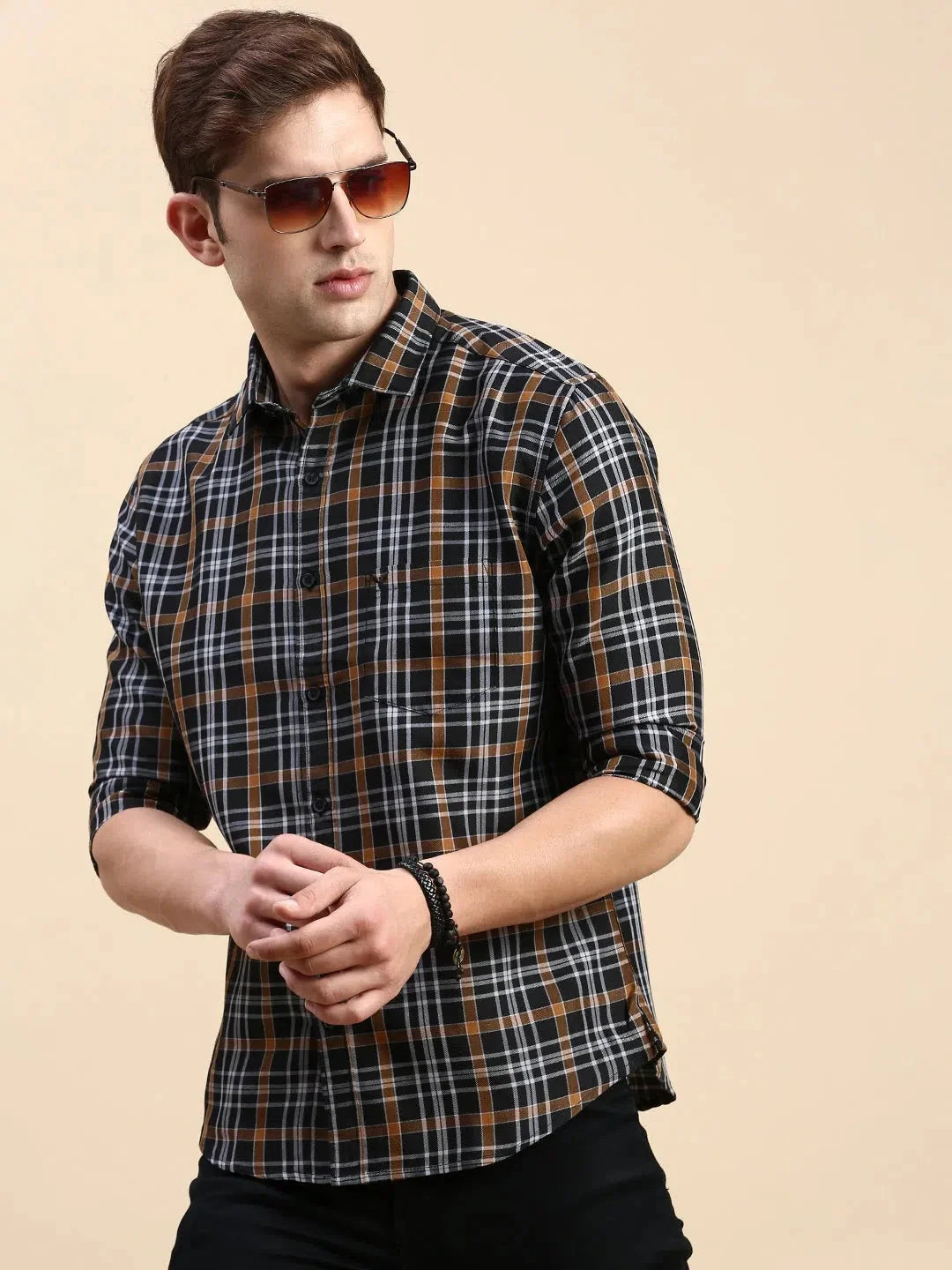 Stylish Navy Checked Mens Shirt - Cotton Casual Shirt | DesiQlo