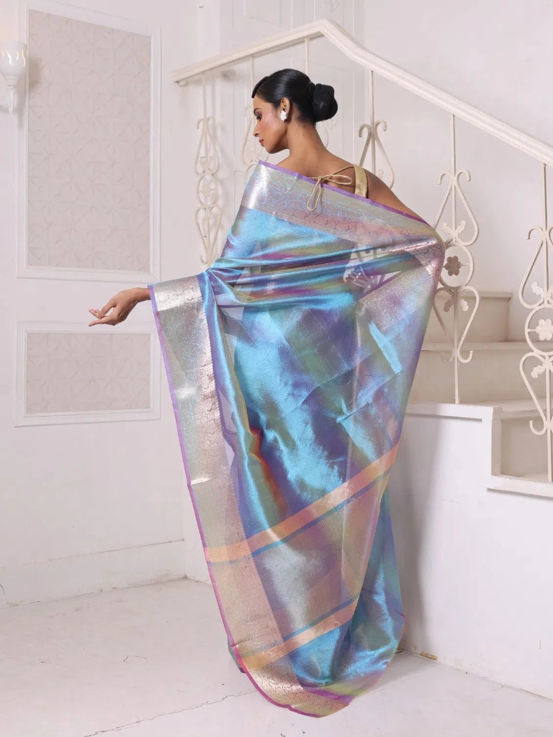 Teal Tissue Cotton Indian Sari with Zari - Elegant Drape