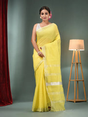 Yellow Cotton Blend Handwoven Saree With Zari Border-MA50BCT40500135
