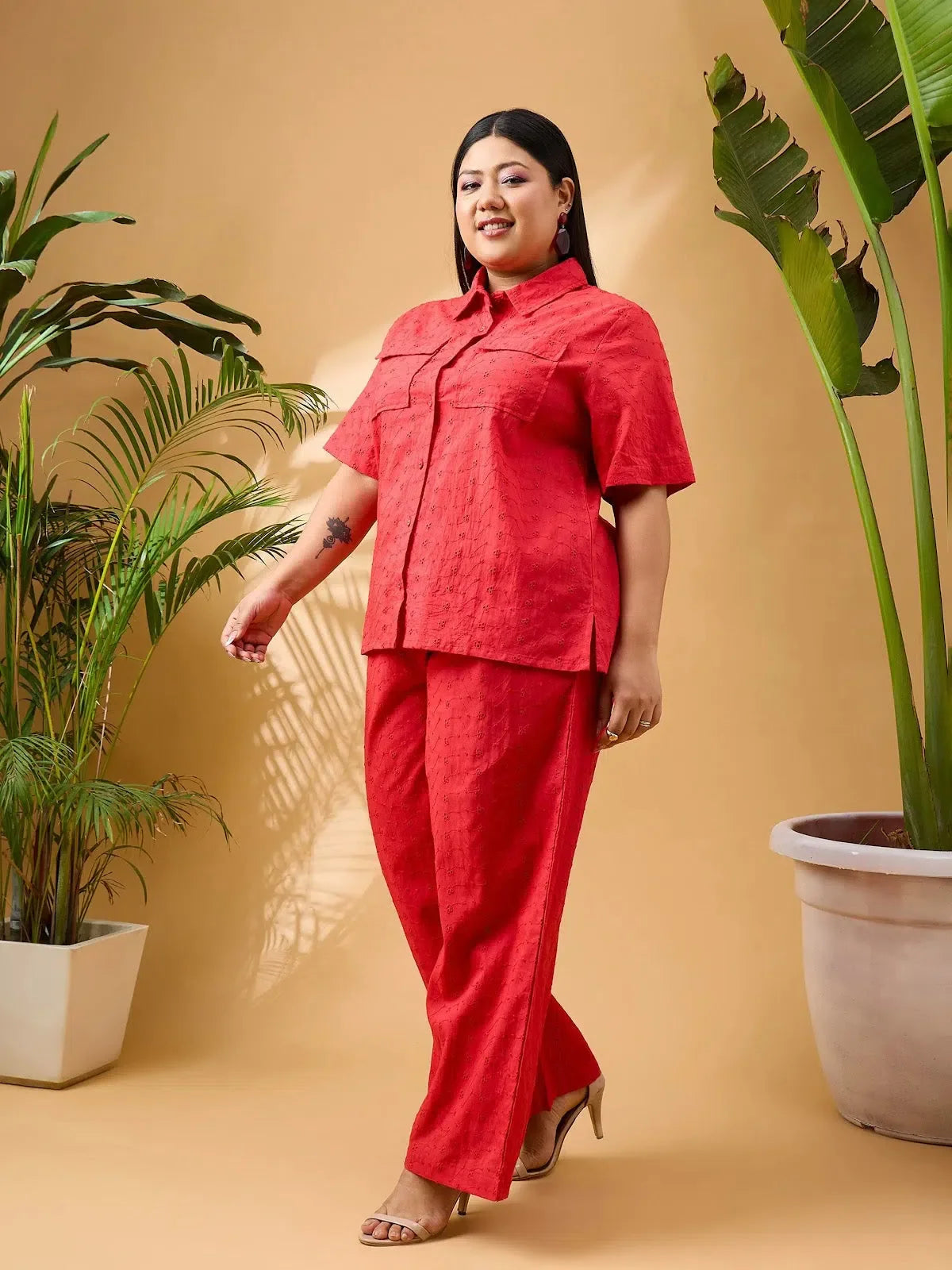 Red Schiffli Shirt & Pants Set | Women's Cotton Co Ord Sets
