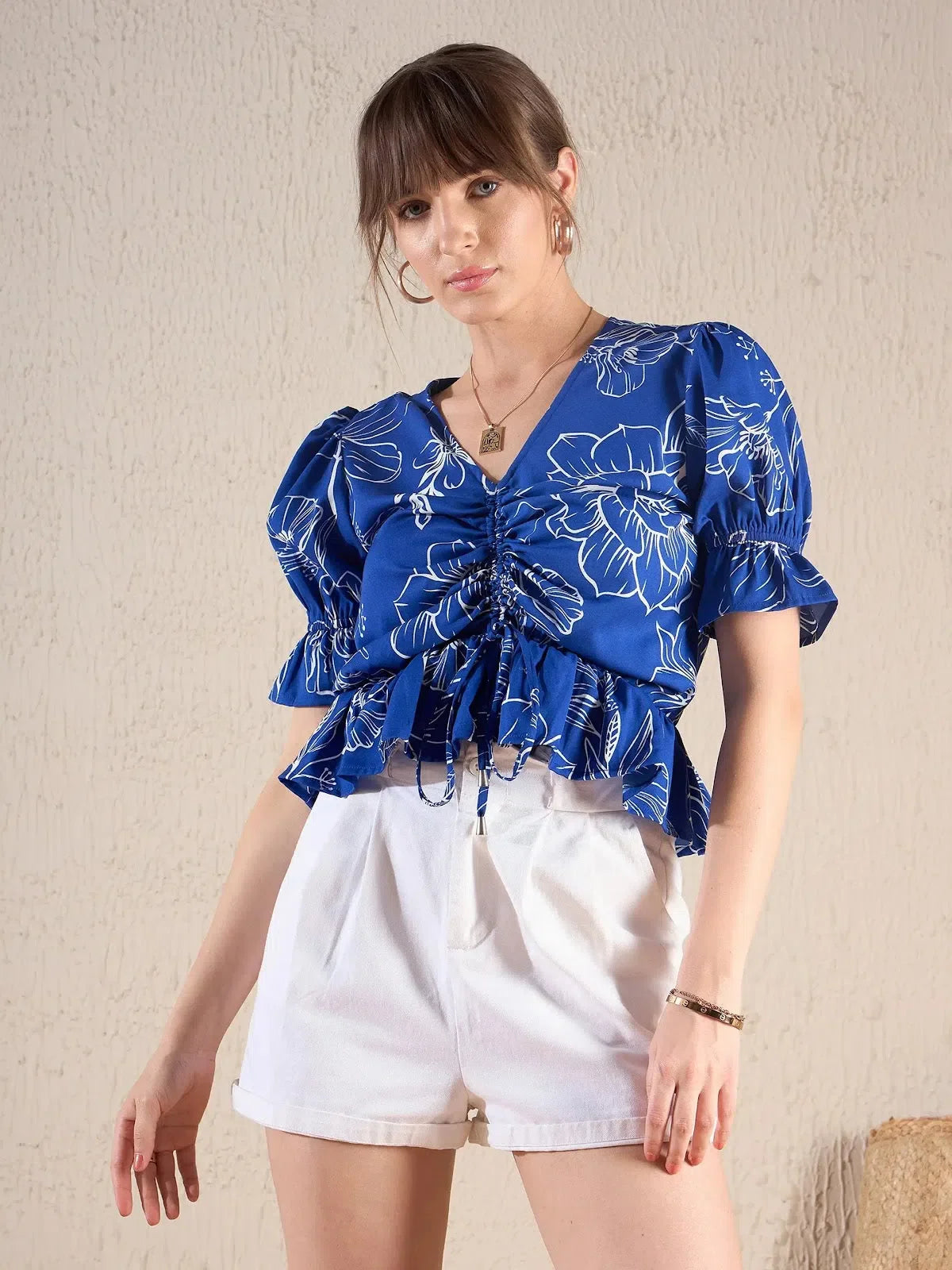 Women Royal Blue Floral Front Ruched Top