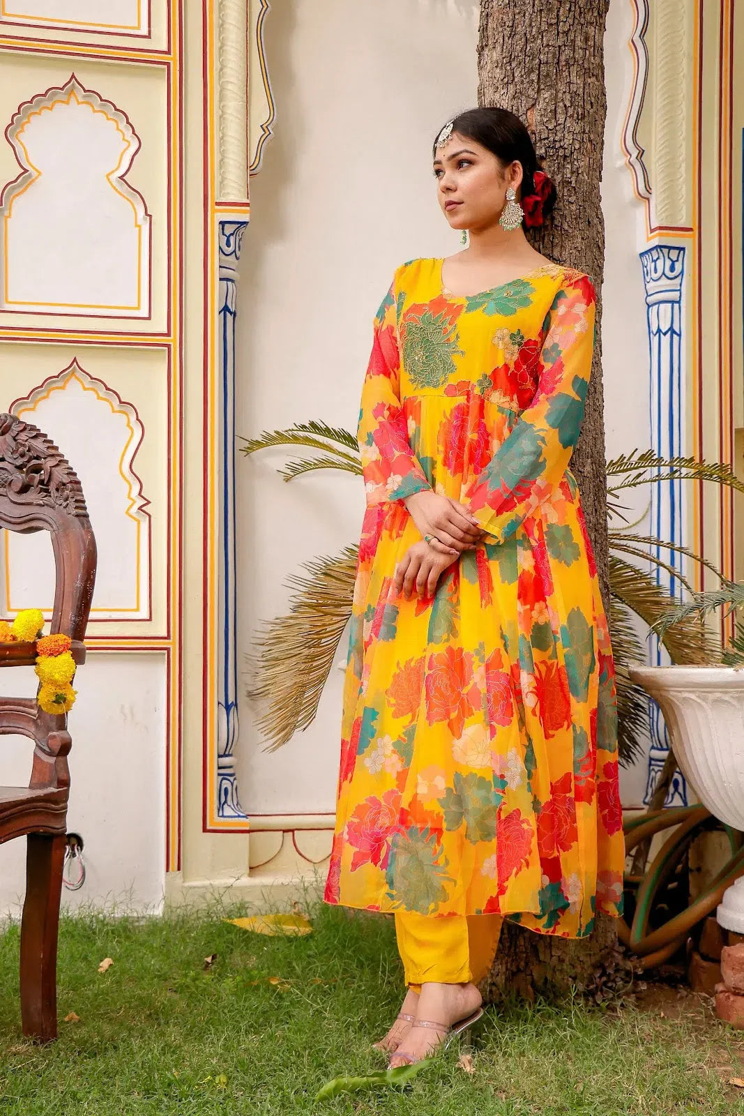 Women Mustard Organza Multi Floral Print & Embroidered Anarkali Kurta, Pant & Dupatta set
