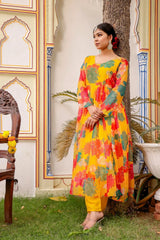 Women Mustard Organza Multi Floral Print & Embroidered Anarkali Kurta, Pant & Dupatta set