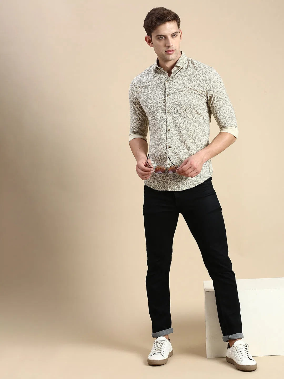 Beige Printed Mens Shirt | Cotton Casual Shirts DesiQlo