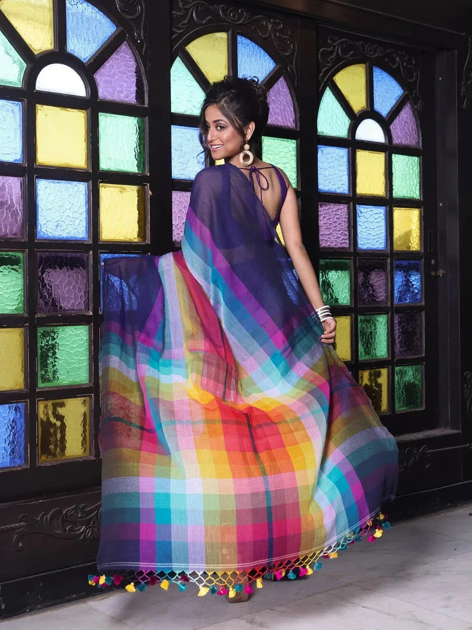 Navy Blue Colorblocked Cotton Saree | Indian Sarees