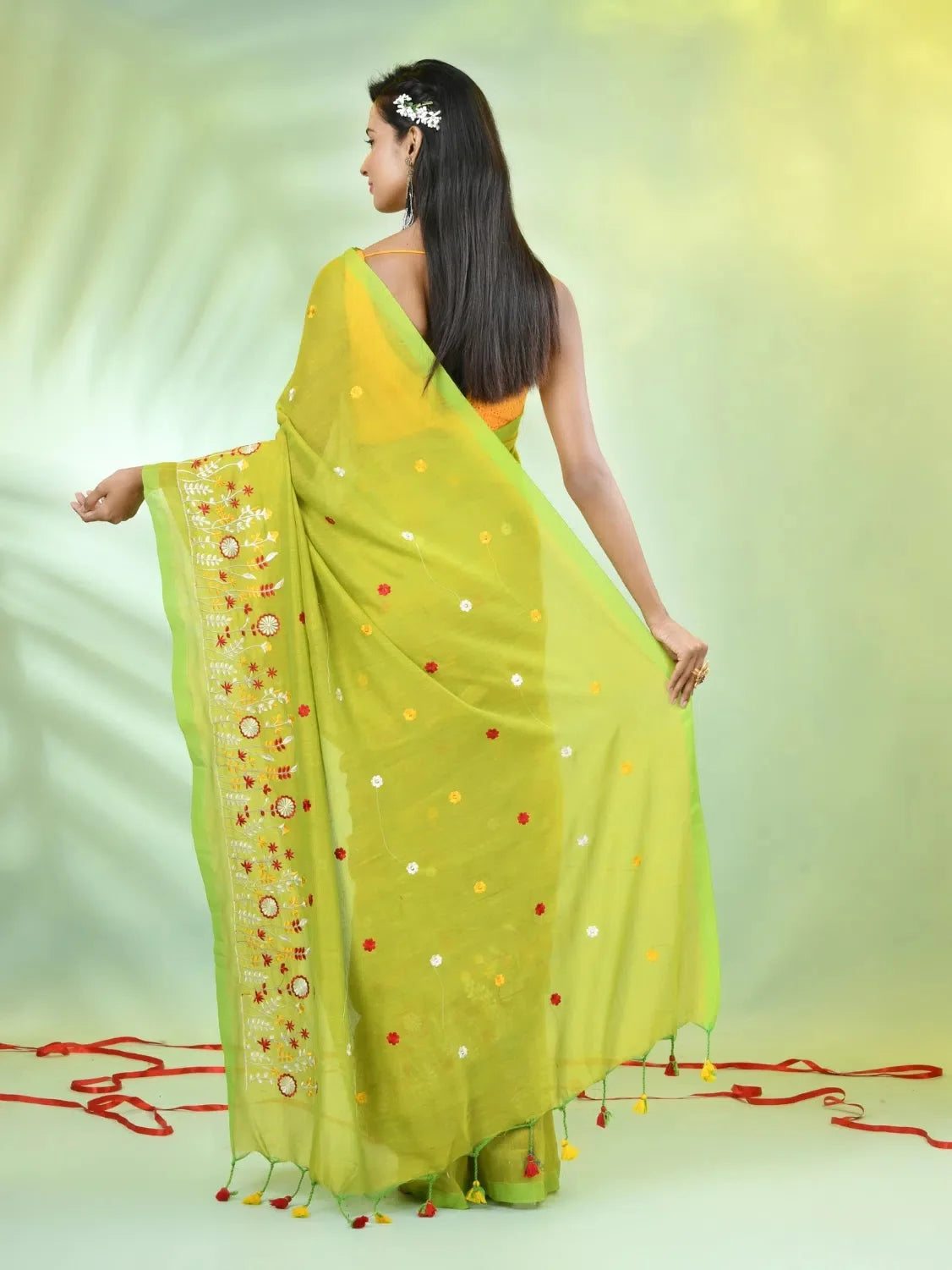 Lime Green Embroidered Cotton Saree | Designer Sarees India