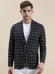 Men Black Checked Notched Lapel Blazer-SOBLZ-31-3-Black