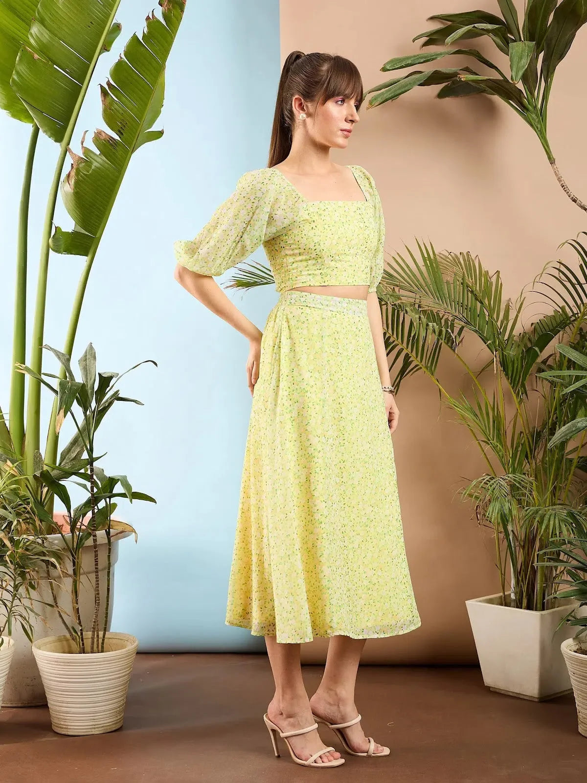 Lime Floral Crop Top & Midi Skirt | Women's Lehenga Style