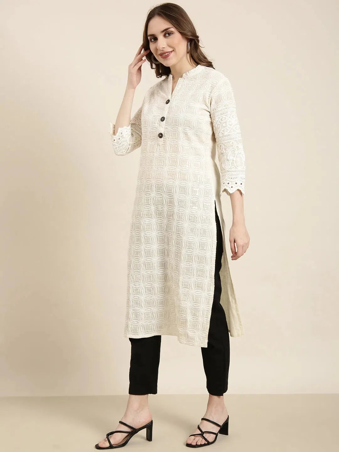 Cream Embellished Cotton Kurta | Elegant Indian Kurta Ladies