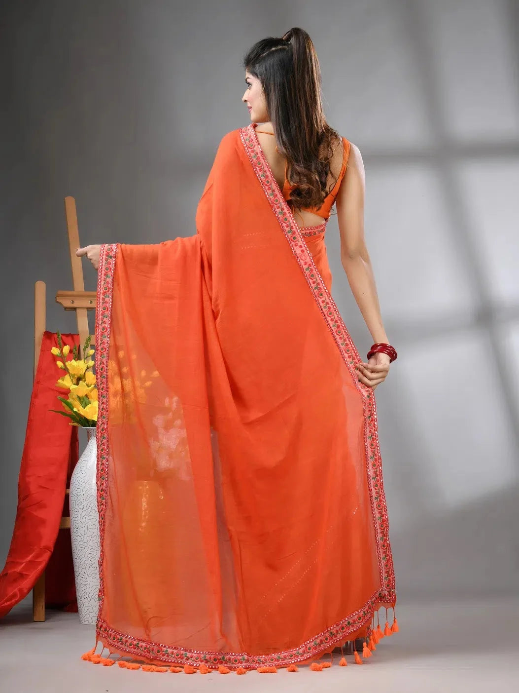 Orange Cotton Saree: Embroidered Borders | Designer Sarees India
