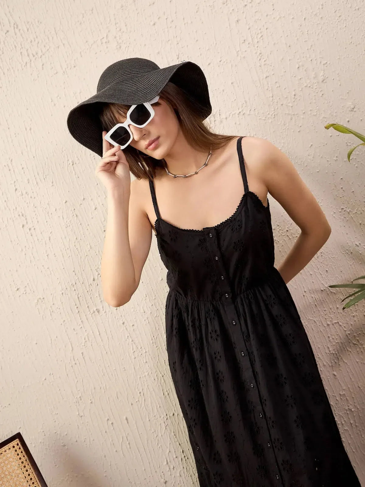 Black Schiffli Strappy Midi Dress | Women's Designer Dress