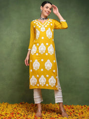 Women Mustard Viscose Rayon Solid Embroidered Straight Kurta
