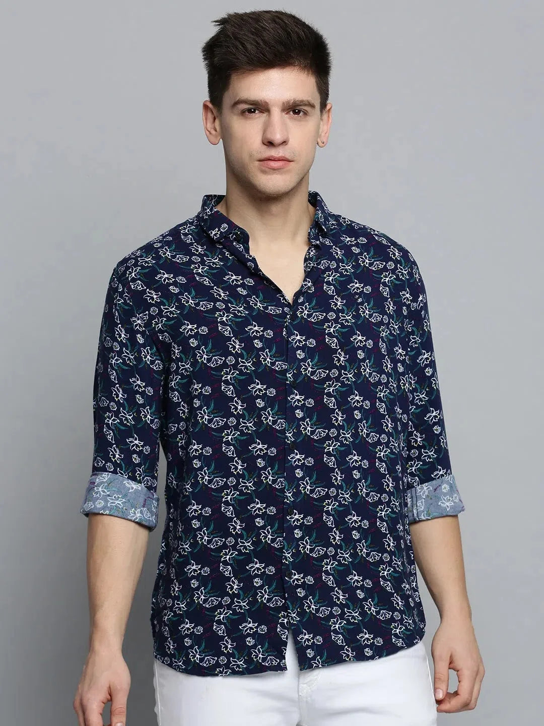 Navy Printed Mens Shirt - Fashionable Cotton Shirt | DesiQlo