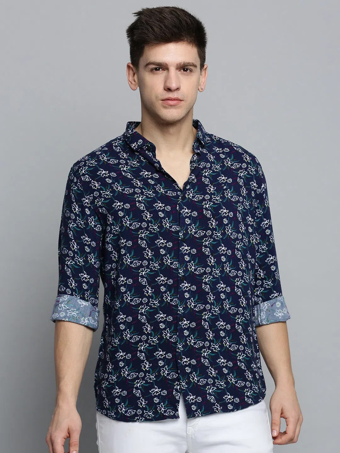 Navy Printed Mens Shirt - Fashionable Cotton Shirt | DesiQlo
