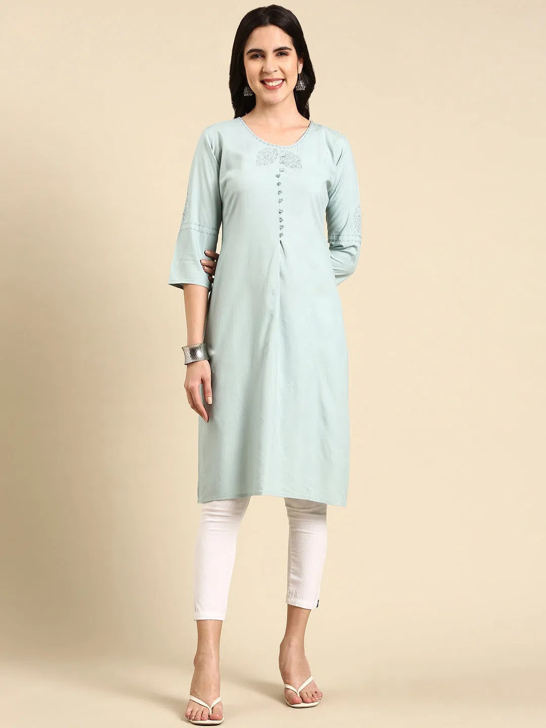 Women's Sea Green Solid Straight Kurta-DF-1502-Seagreen