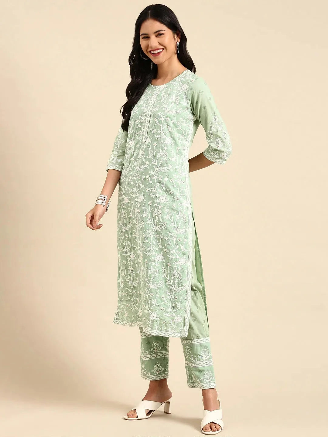 Green Printed Cotton Kurta Set | Designer Women's Kurta Sets