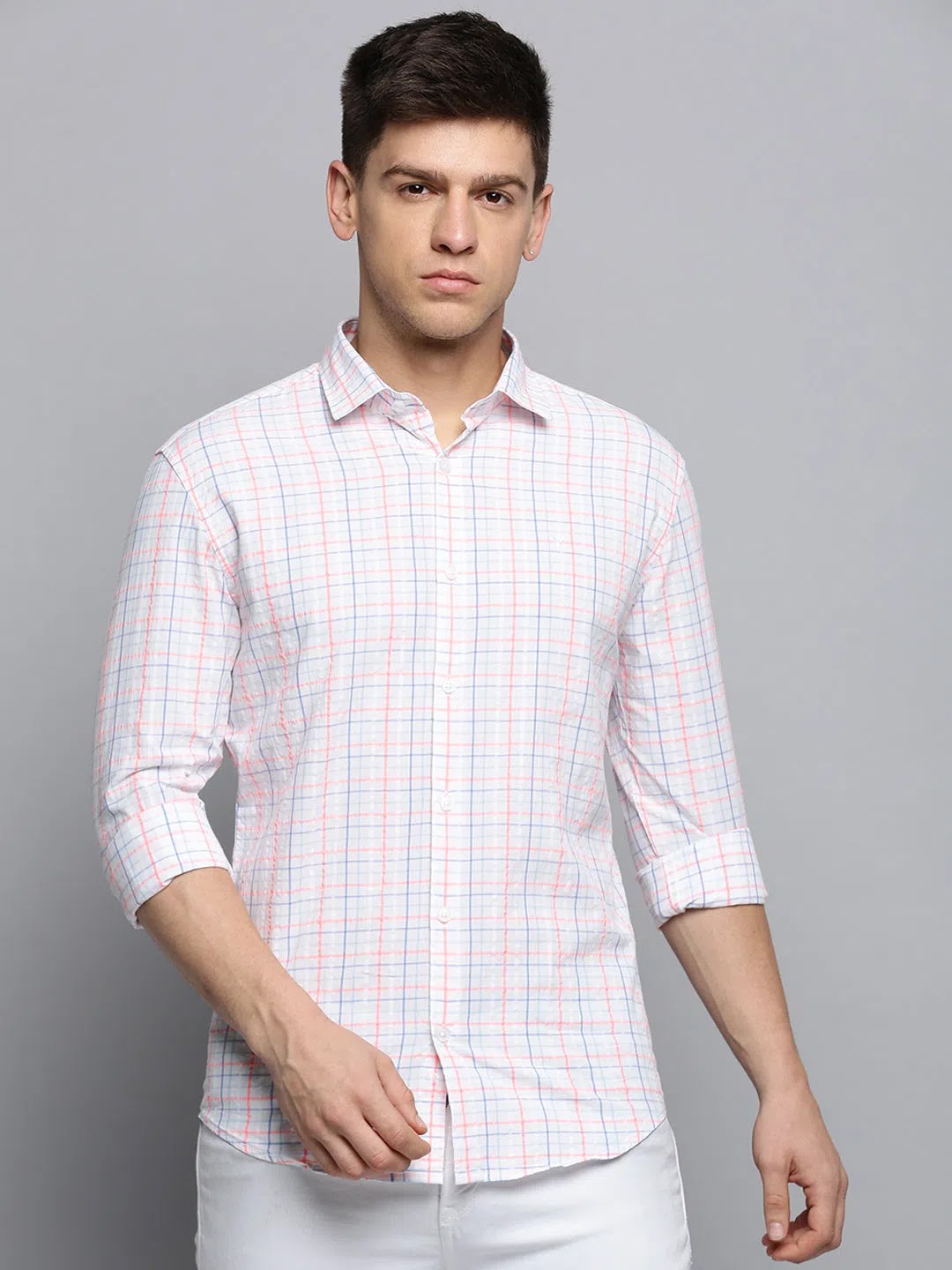 Men's White Checked Shirt - Cotton Casual Shirt Online