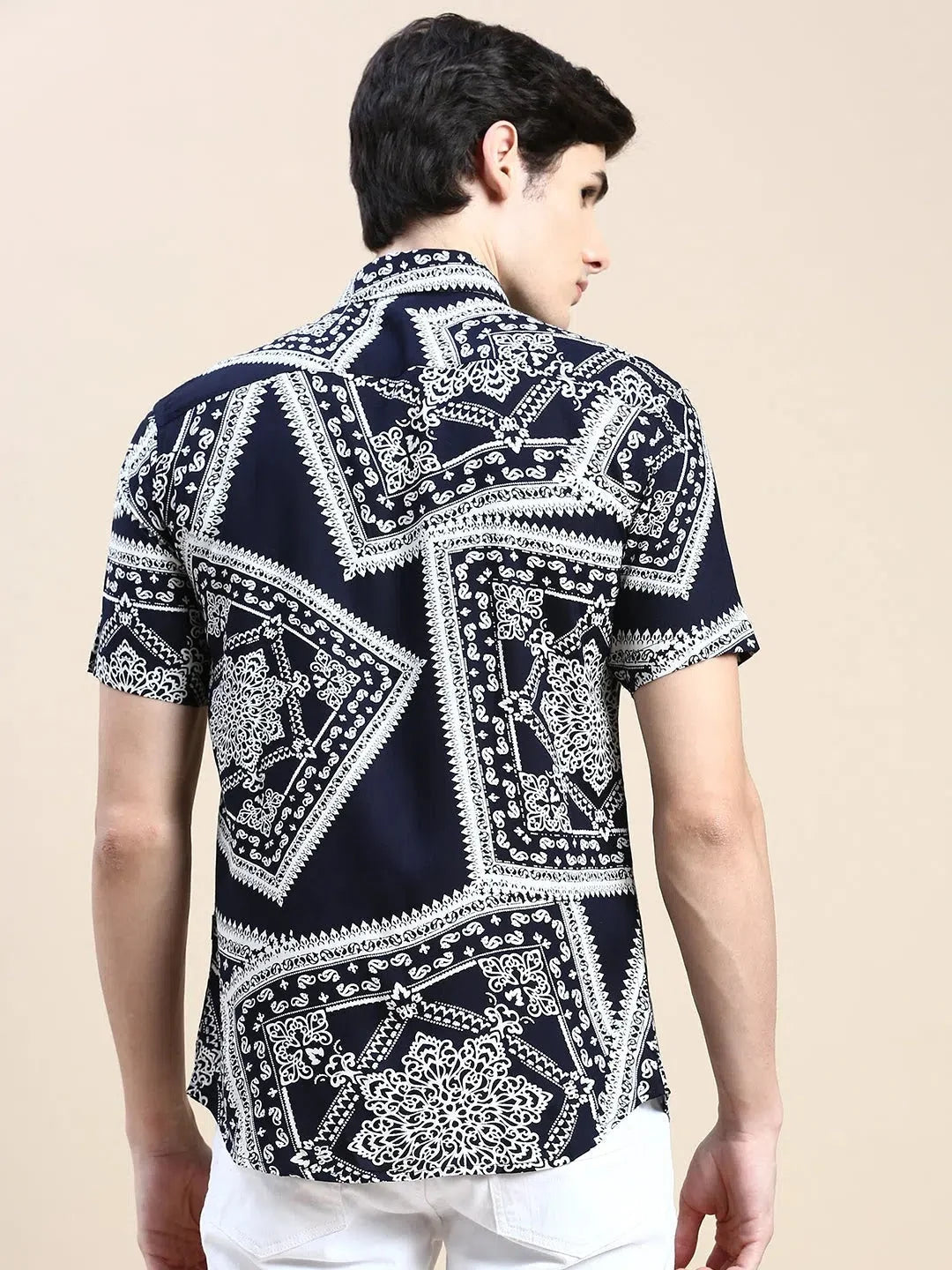 Navy Printed Mens Shirt - Cotton Ethnic Motif Casual Shirt
