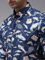 Men Blue Printed Casual Shirt-PERRYPRINT-1852-Navyblue
