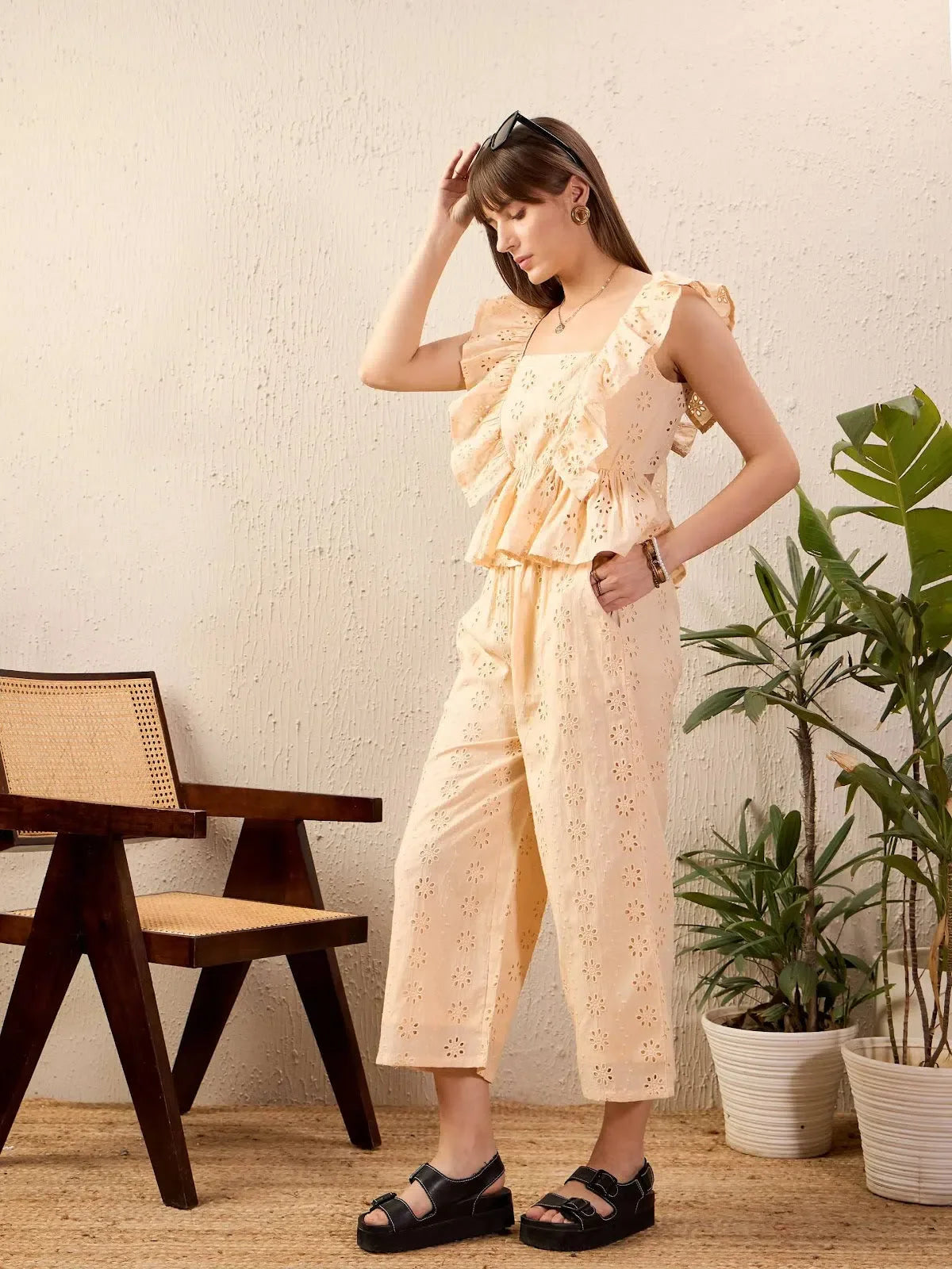 Beige Schiffli Peplum Co-ord Set - Cotton Palazzos for Women