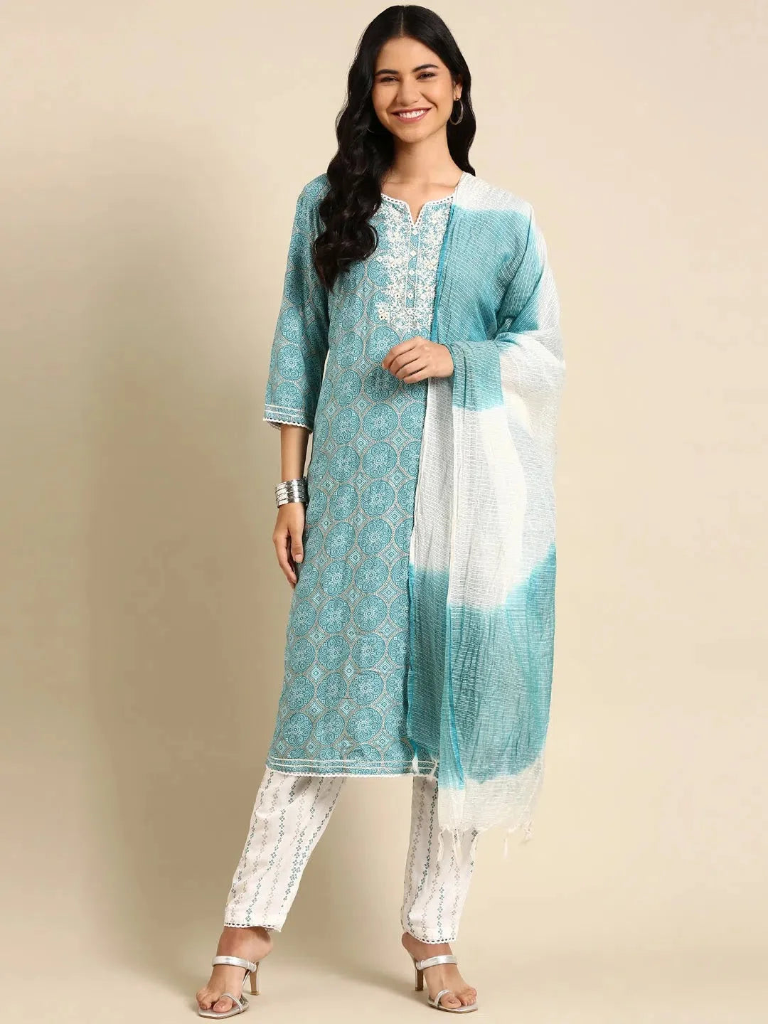 Teal Ethnic Print Kurta Set for Women | Cotton Indian Kurta