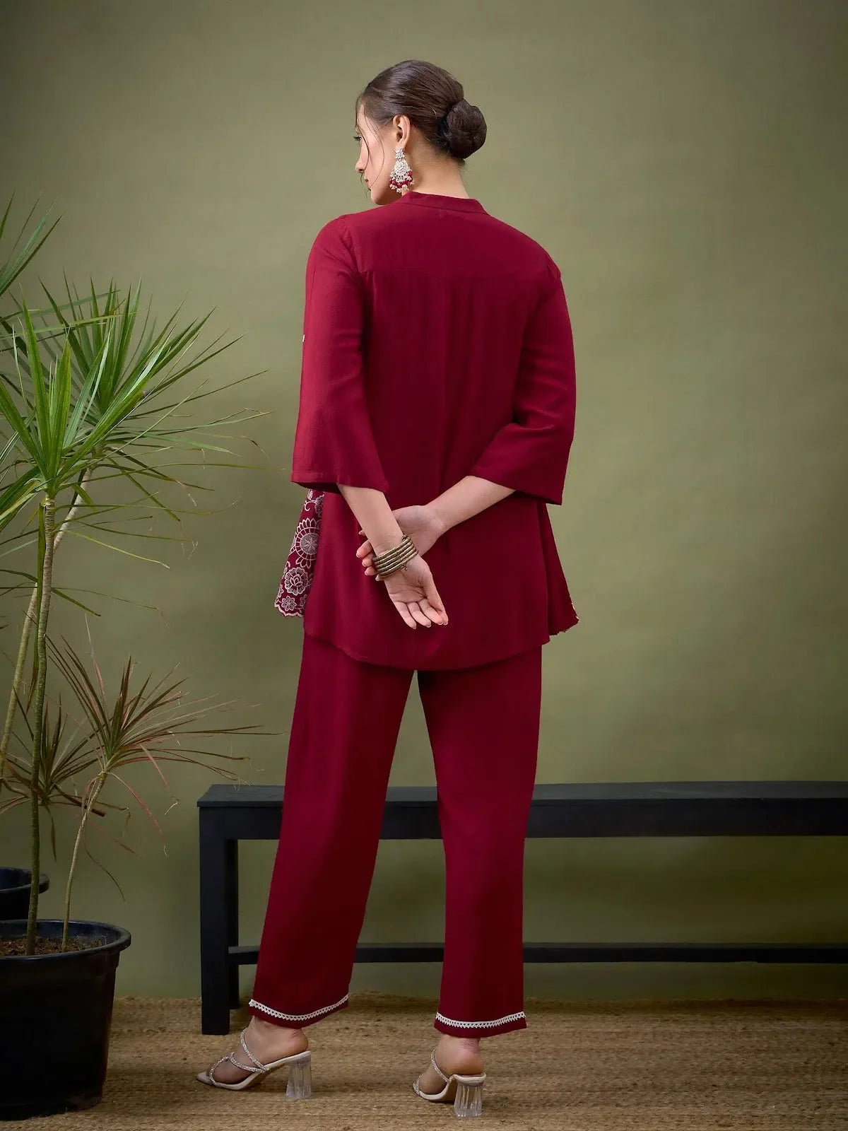Maroon Embroidered Indian Suit Set with Palazzos | Women