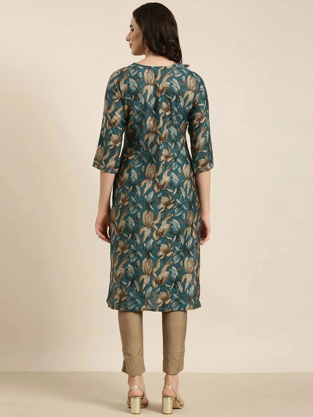 Teal Floral Print Indian Kurta - Women's Cotton Kurta