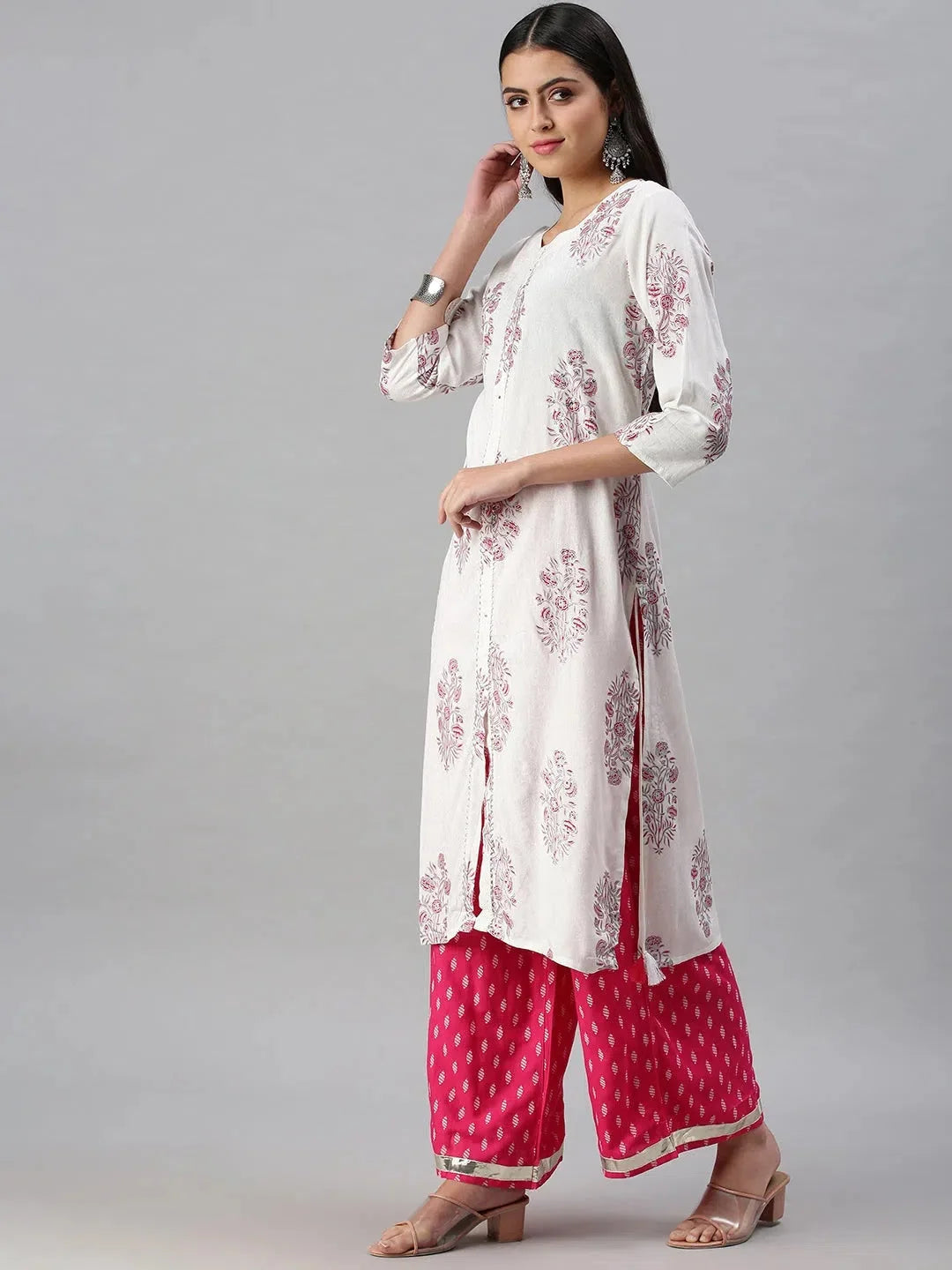 White & Pink Floral Print Kurta Sets | Designer Women's Kurta