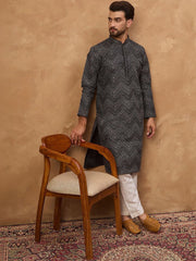 Ethnic Bay Men Black Silk Blend Geometric Printed Straight Kurta With Pant Set-MKSET1520