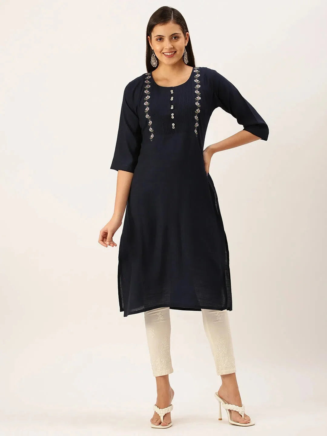 Women's Navy Blue Indian Kurta | Embroidered Cotton Kurtis