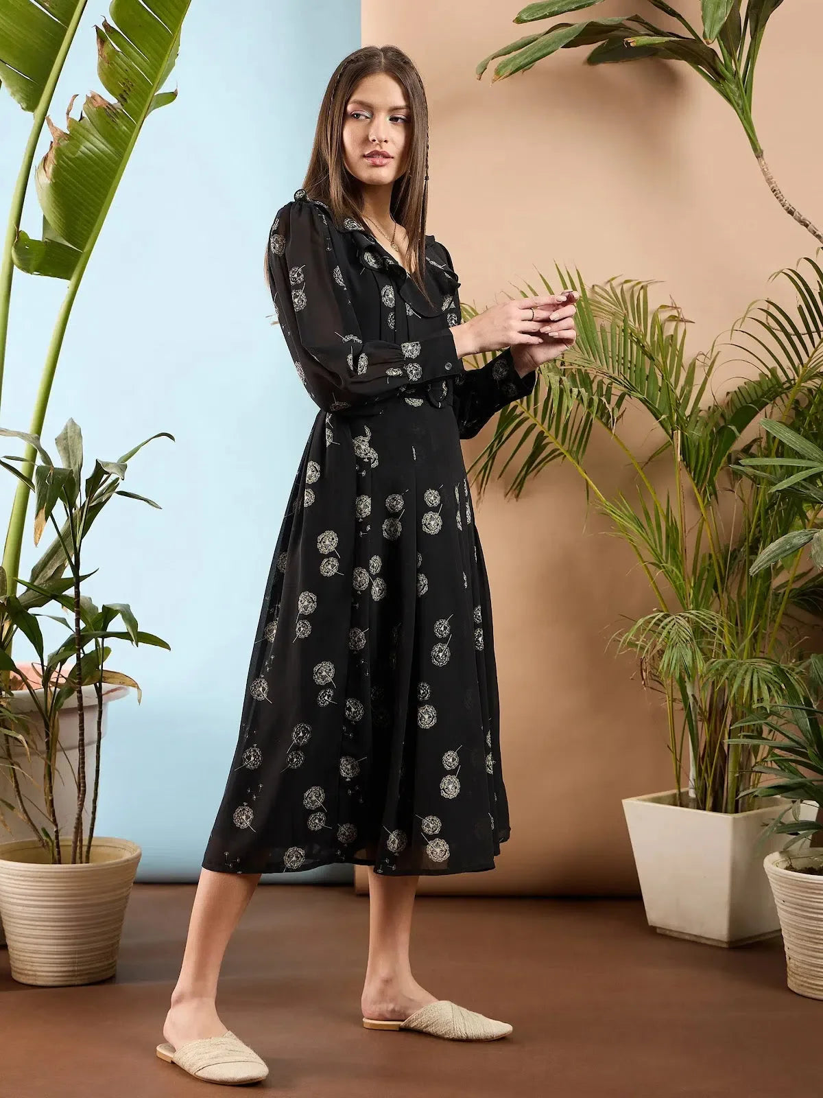 Black Floral Ruffle Midi Dress | Women's Fit & Flare Dress