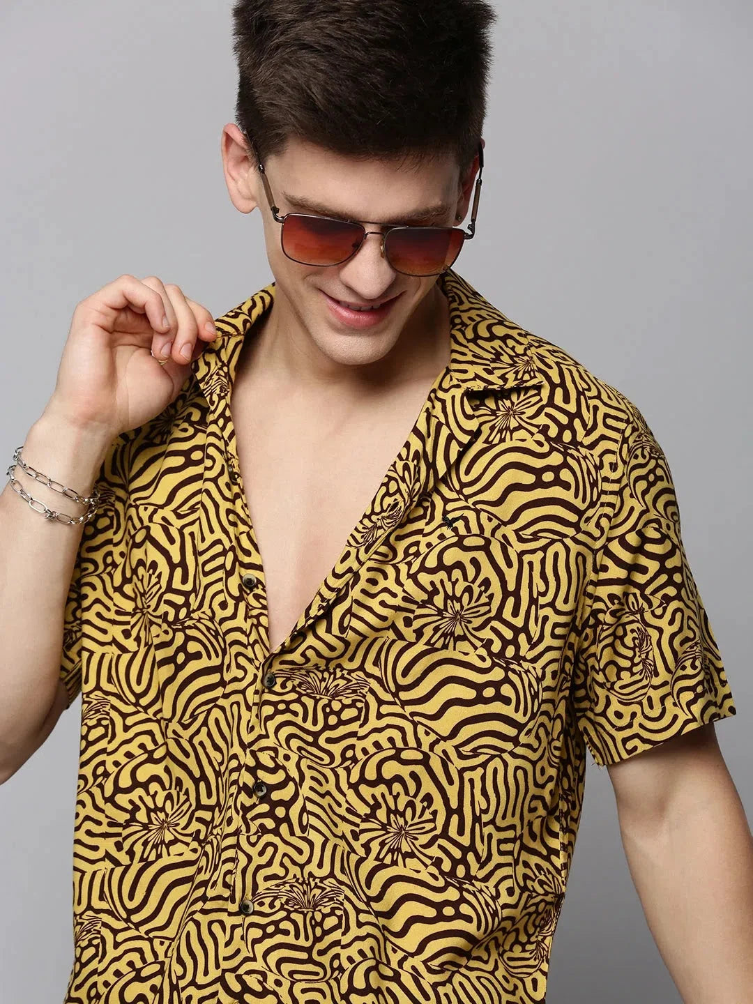 Men Yellow Printed Casual Shirt-RESORTPRINT-3175-Yellow
