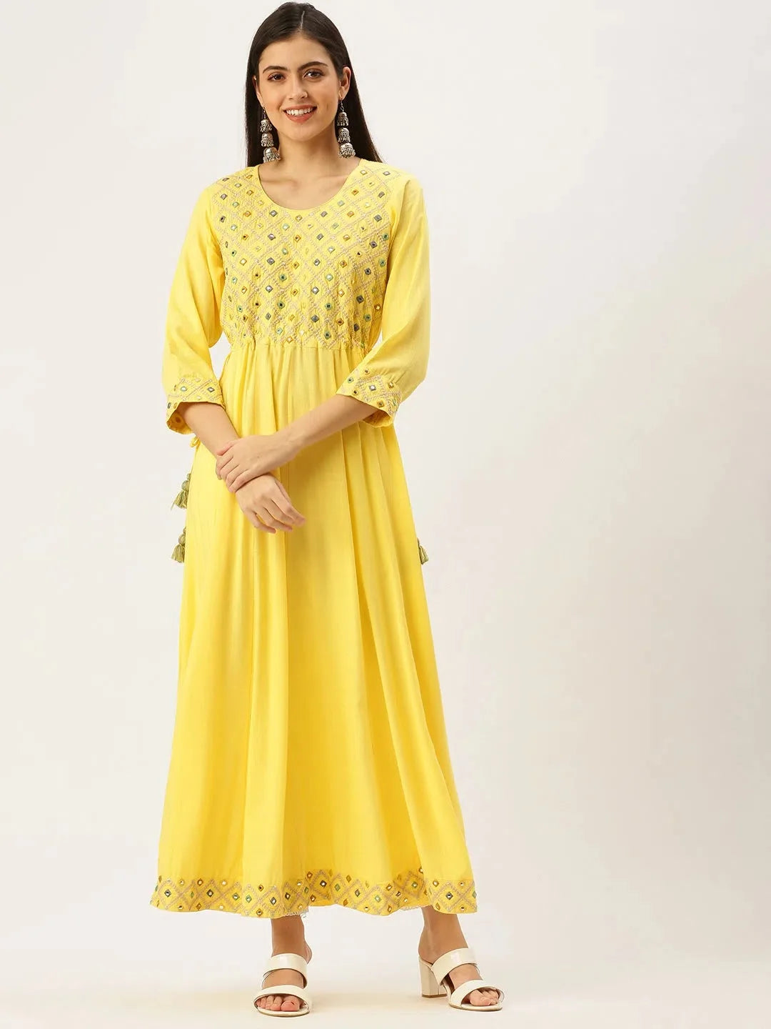 Yellow Embroidered Anarkali Kurti for Women | DesiQlo