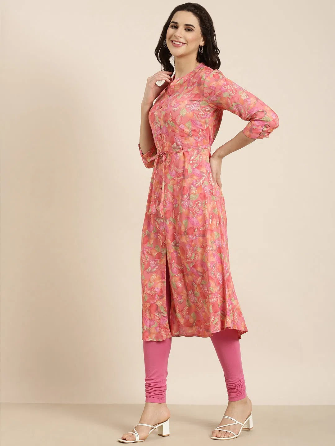 Floral Viscose Kurta - Pink Indian Kurtas for Women Online