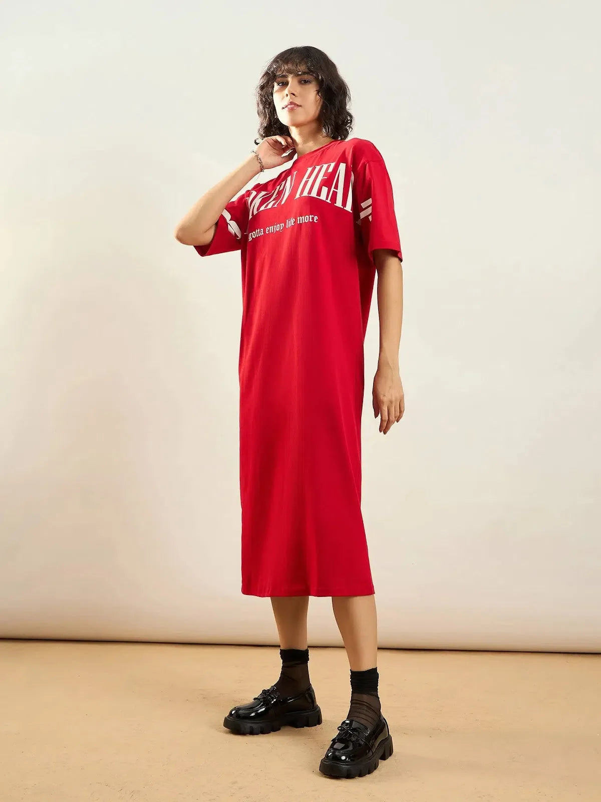Red Broken Heart Printed T-Shirt Dress | Women's Cotton